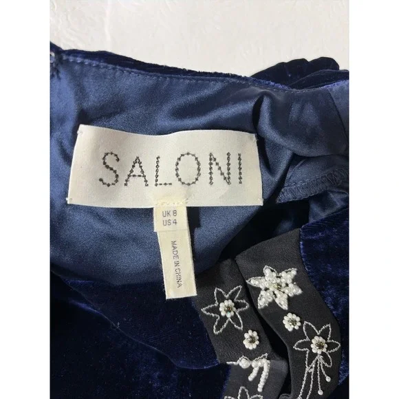 Saloni Jinx C Navy Blue Velvet Crystal Embellished Midi Dress Long Sleeve Slit - Picture 8 of 11